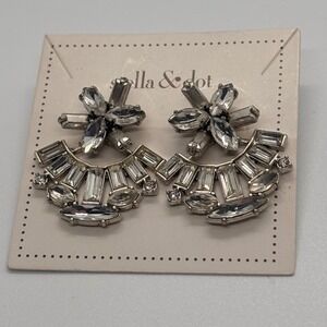 Stella Dot Earrings Fan Shape Crystal Statement Silver Tone Studs Sparkle